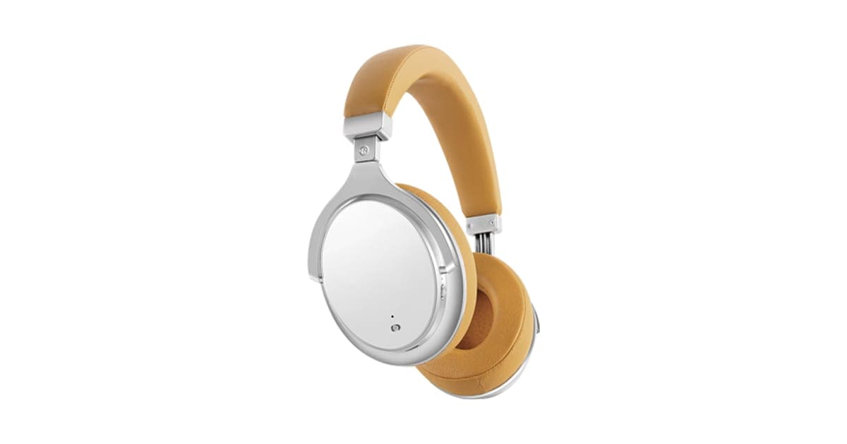 ActivBeat 2.0 over-ear headphones with silver ear cups and tan leather-look headband and cushions