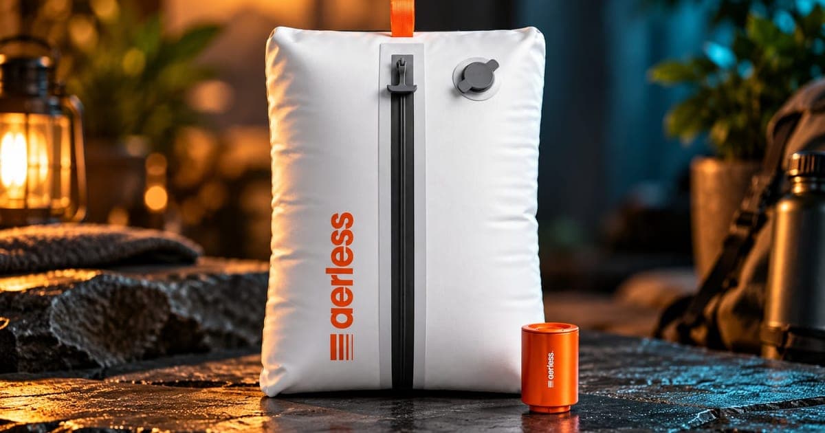 A white Aerless vacuum bag with a black zip beside the small orange Aerless rechargeable pump, the kit compared here with Ekster's TravelPack