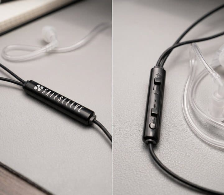 Close-up of the Air-Tube in-line remote with the SafeSleeve logo, button and volume slider