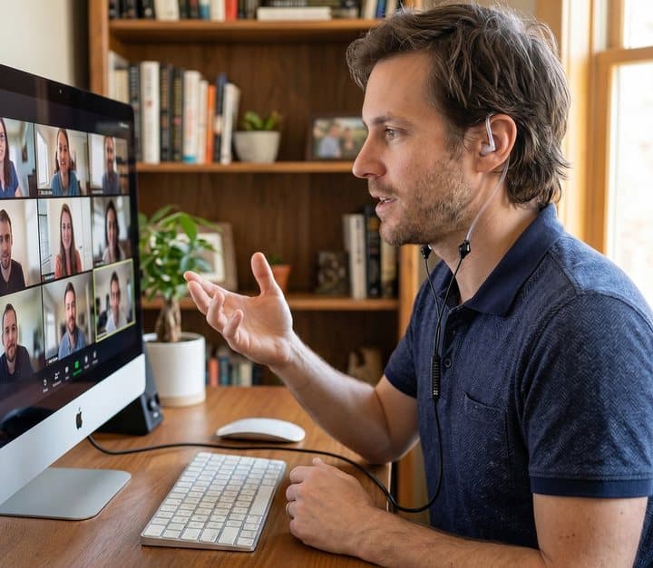Man on a video call at a desk wearing Air-Tube headphones with the cable running to the computer