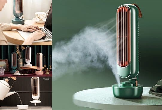 Collage of the AirCooly tower beside a laptop, in green and white on a sideboard, being refilled from a kettle, and releasing mist on a table