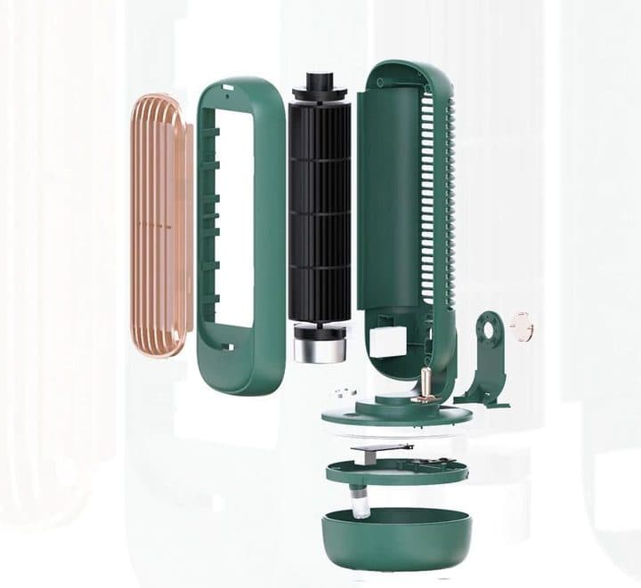 Exploded view of the green AirCooly showing the grille, frame, a black cylindrical cross-flow fan, the back casing and the mist base