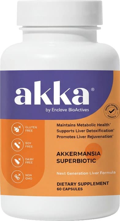 Front of the Akka bottle, an orange and purple label reading Akkermansia Superbiotic, 60 capsules