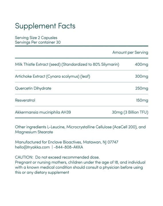 Akka Supplement Facts panel listing milk thistle, artichoke, quercetin, resveratrol and Akkermansia AH39 doses