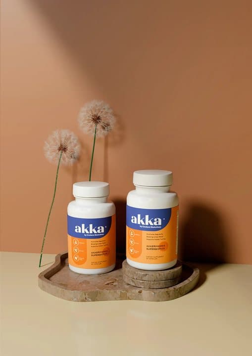 Two Akka supplement bottles on a stone tray beside dandelion clocks