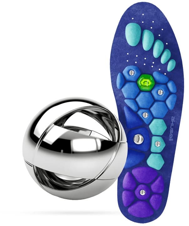 Akusoli insole beside an enlarged chrome magnet graphic showing where magnets sit