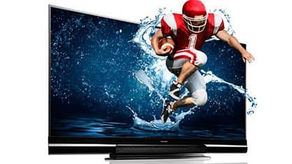 American football player bursting out of a TV screen with water splashing, illustrating the AndroidTV 3D Game Playing Option add-on