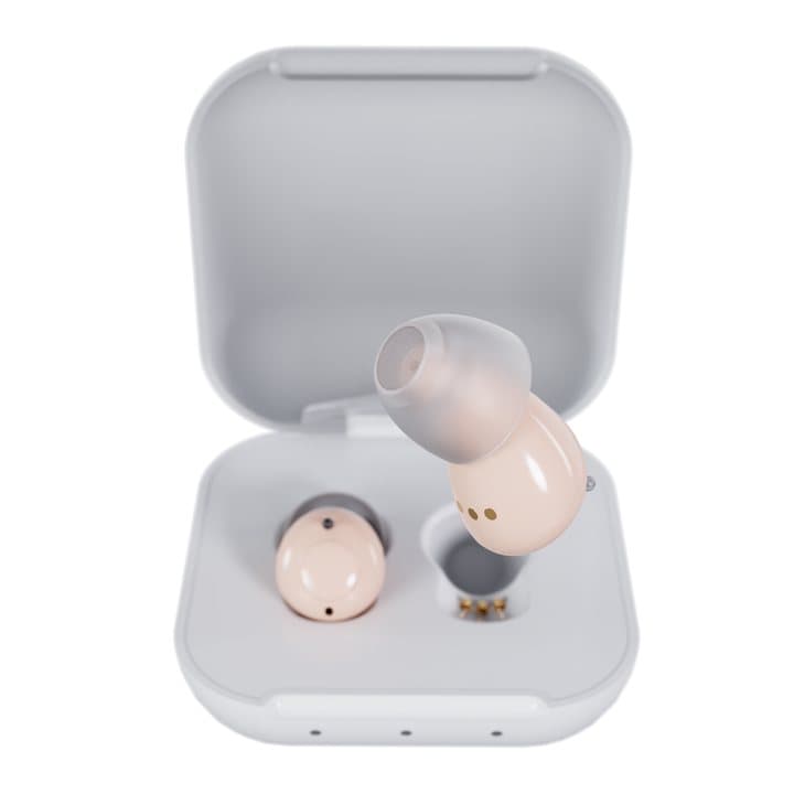 Two beige Audien in-ear hearing aids in an open white charging case, one lifted out