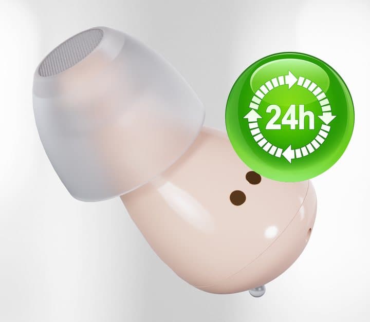 Single beige Audien in-ear hearing aid with a clear silicone tip and a 24h battery badge