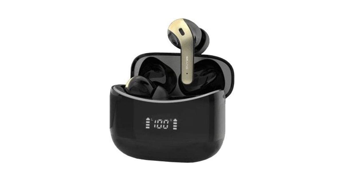 Black and gold AudioHall Pro earbuds in an open black charging case with a digital display reading 100