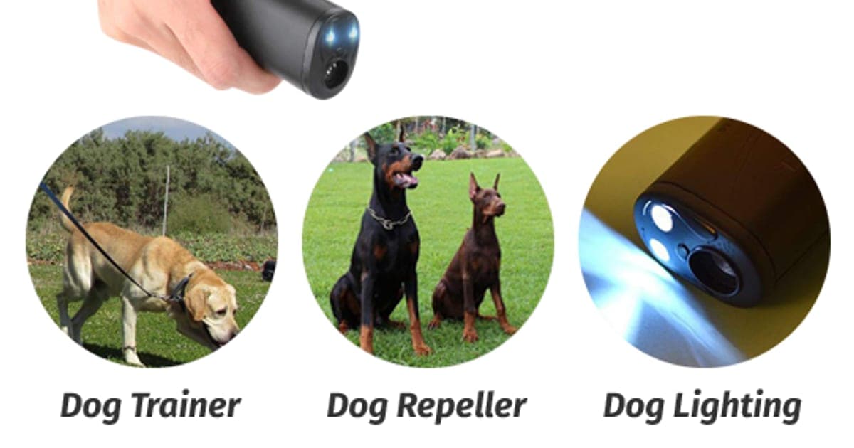 A hand holding the black BarXStop ultrasonic dog deterrent above photos of a dog on a lead, two Dobermans and the device's torch lit up