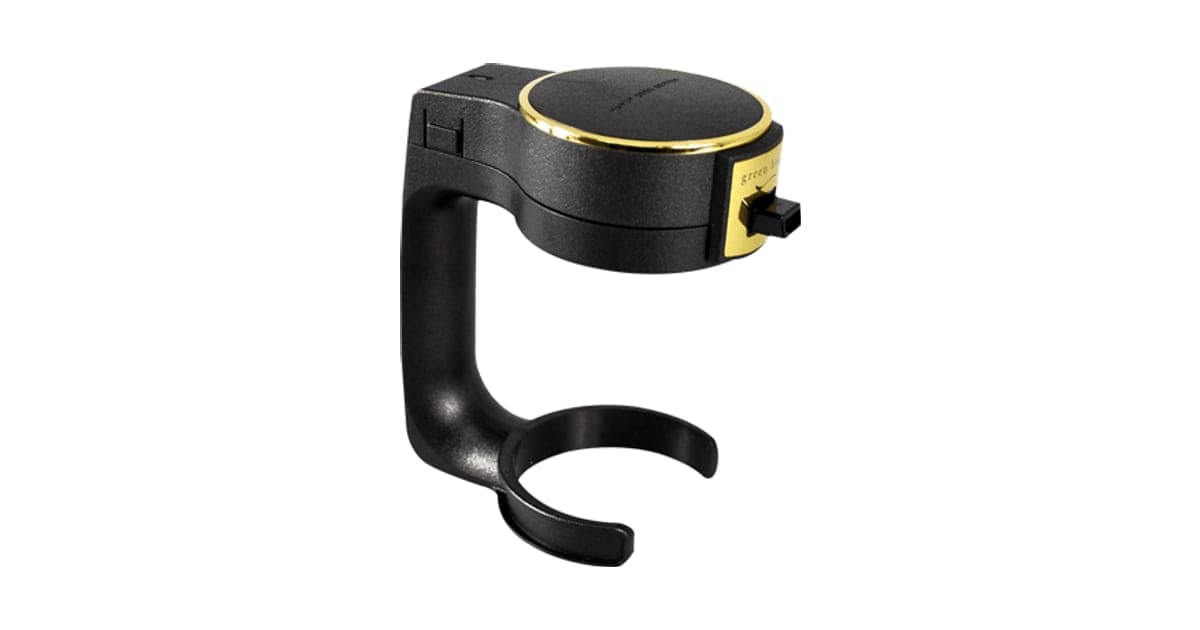 Black BeerBubbler handheld beer foamer with a gold trim ring, a handle and a C-shaped clip for holding a can