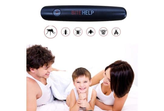 Black bite relief pen labelled Bite Help above circled icons of a mosquito, ant, spider, bee, wasp and fly, over a photo of a laughing family on a bed
