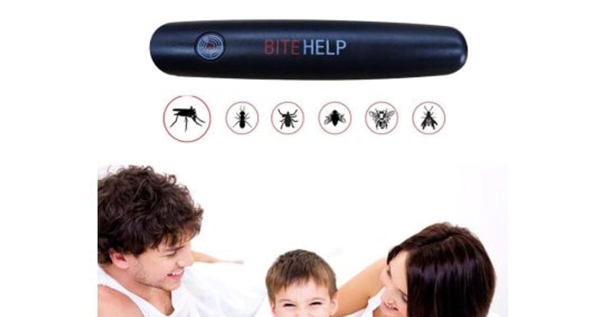 Black BiteEraser pen labelled Bite Help above icons of a mosquito and other insects, with a smiling family below