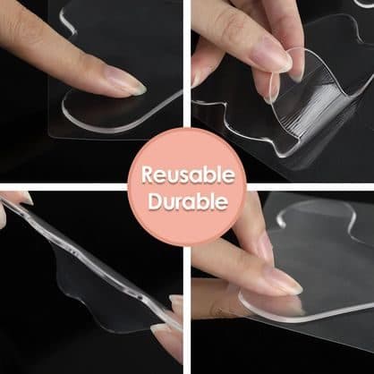 Four close-ups of fingers peeling and bending clear, flexible ByeWrinkle Pro silicone pads, labelled reusable and durable