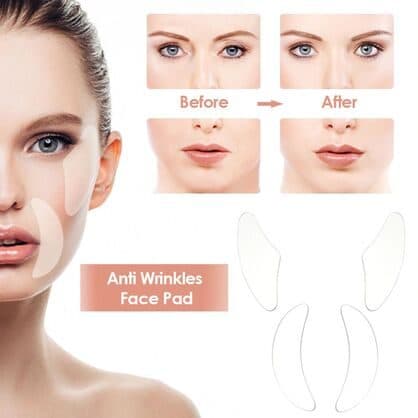 Clear ByeWrinkle Pro pads on a woman's cheek and under her eye, with before and after close-ups of brow and mouth lines