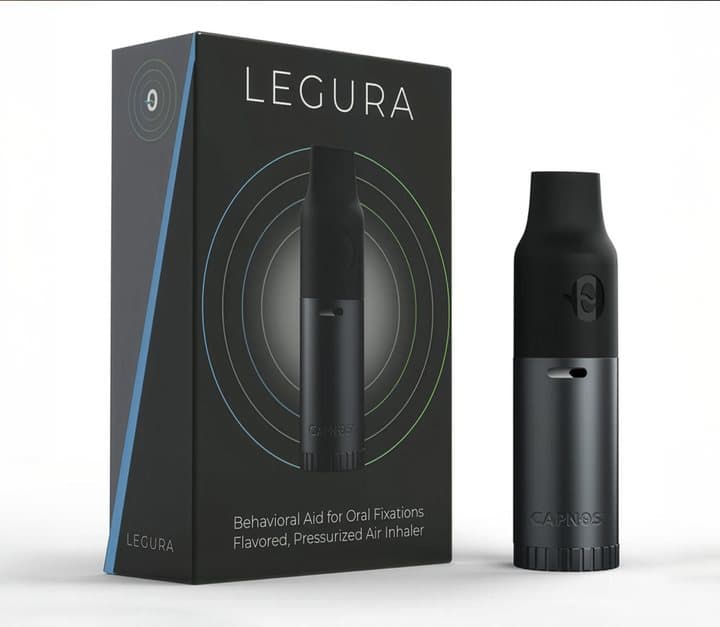 Black Legura box labelled behavioral aid for oral fixations beside the black device