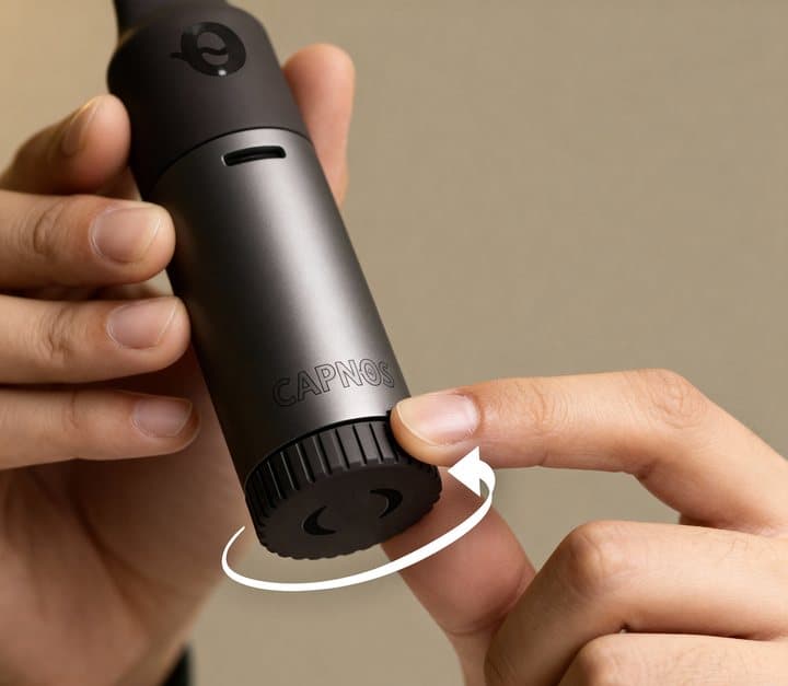Fingers spinning the clicking fidget crown at the base of the Capnos Legura