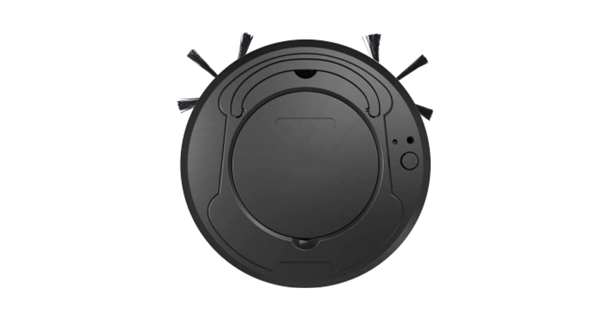Round black CleanRobot mini robot sweeper seen from above, with side brushes sticking out at the front