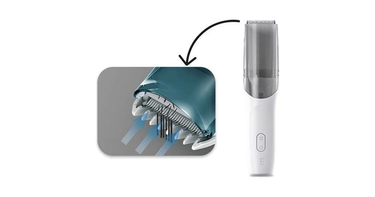 White CleanTrim Pro clipper with a clear grey vacuum chamber above the blade, beside a close-up showing air arrows pulling hair through the comb teeth