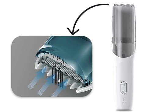 White CleanTrim Pro hair clipper with a power button and indicator lights, with an inset of the blade and blue arrows showing suction drawing in hair