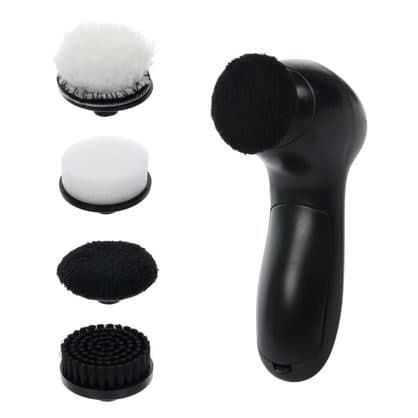 CleanX body with a black polishing pad fitted, beside four heads: white wool buffer, white sponge, black microfibre pad and black bristle brush
