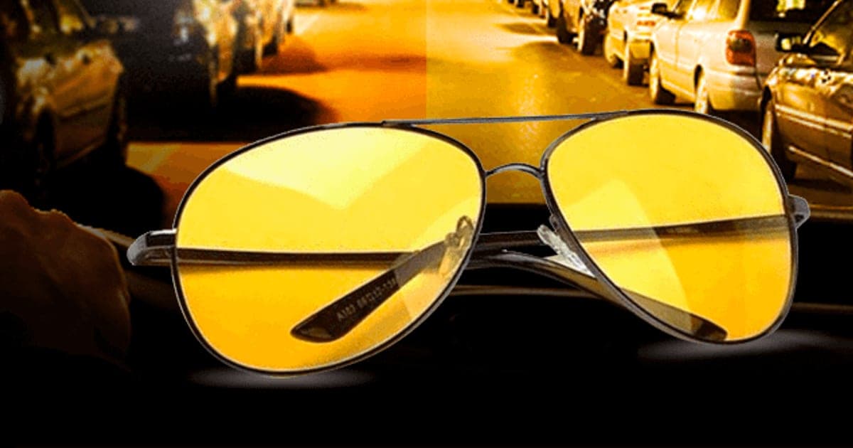 ClearView yellow-tinted aviator glasses below a split image of a night street labelled before and after