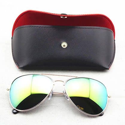 Black and red glasses case with a pair of mirrored aviator sunglasses, offered as a ClearView add-on