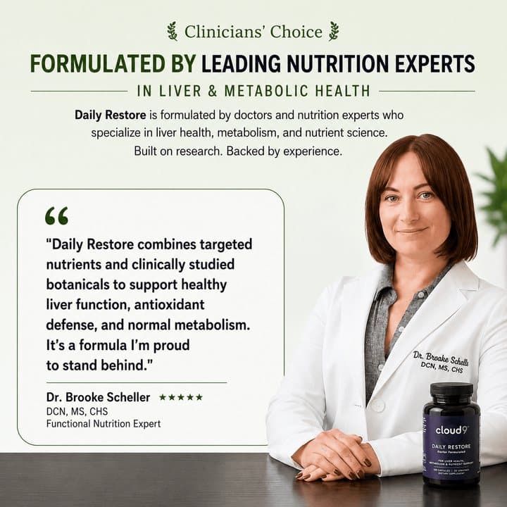 Dr. Brooke Scheller in a white coat beside a quote about the Daily Restore formula