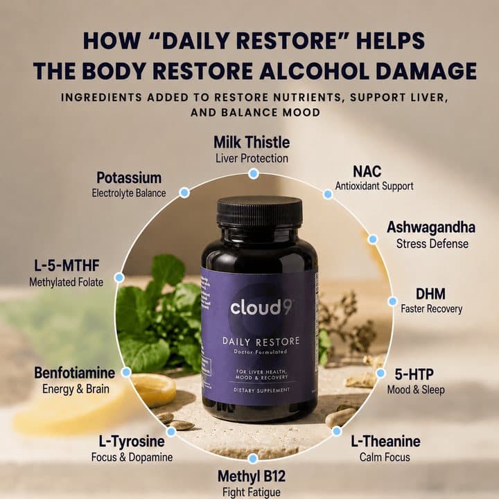 Cloud9 Daily Restore bottle surrounded by its ingredients: milk thistle, NAC, ashwagandha, DHM, 5-HTP and B vitamins