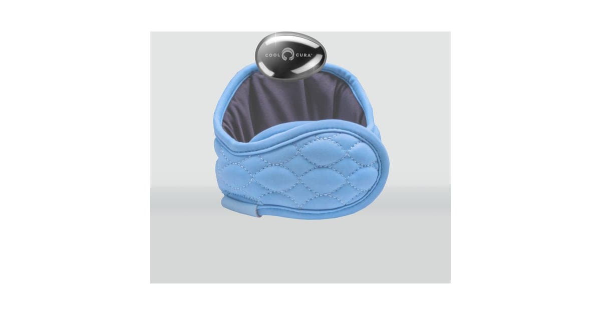 Light blue quilted CoolCura neckband with a silver stainless-steel ice pod on top