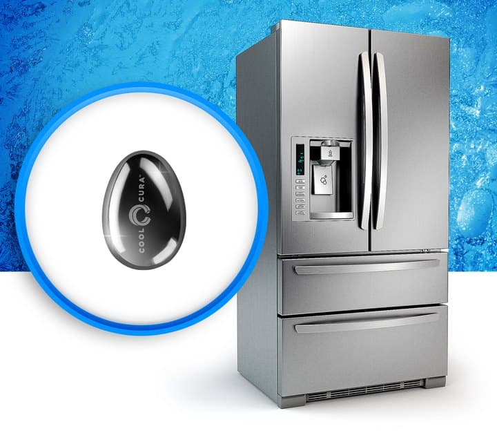 Silver CoolCura stainless-steel ice pod beside a fridge freezer