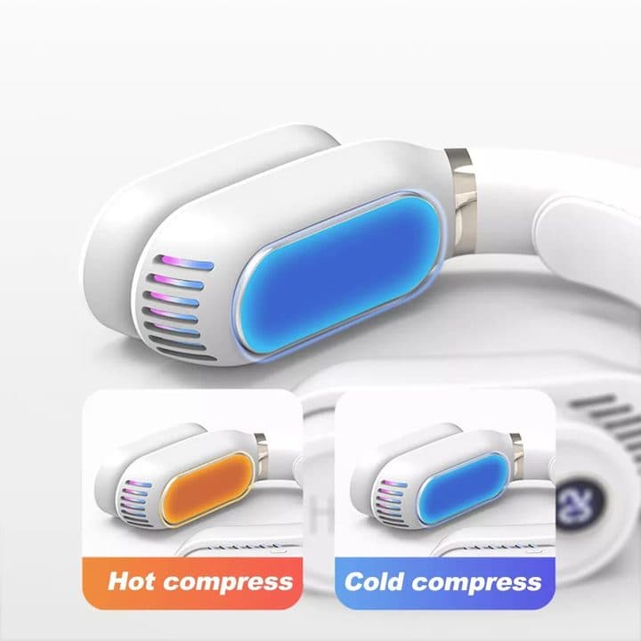 White neck device with a glowing blue plate, with insets labelled hot compress in orange and cold compress in blue