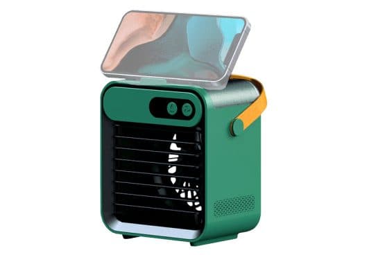 Green CoolEdge cube-shaped cooler with horizontal louvres, two touch buttons and a phone held on a stand above