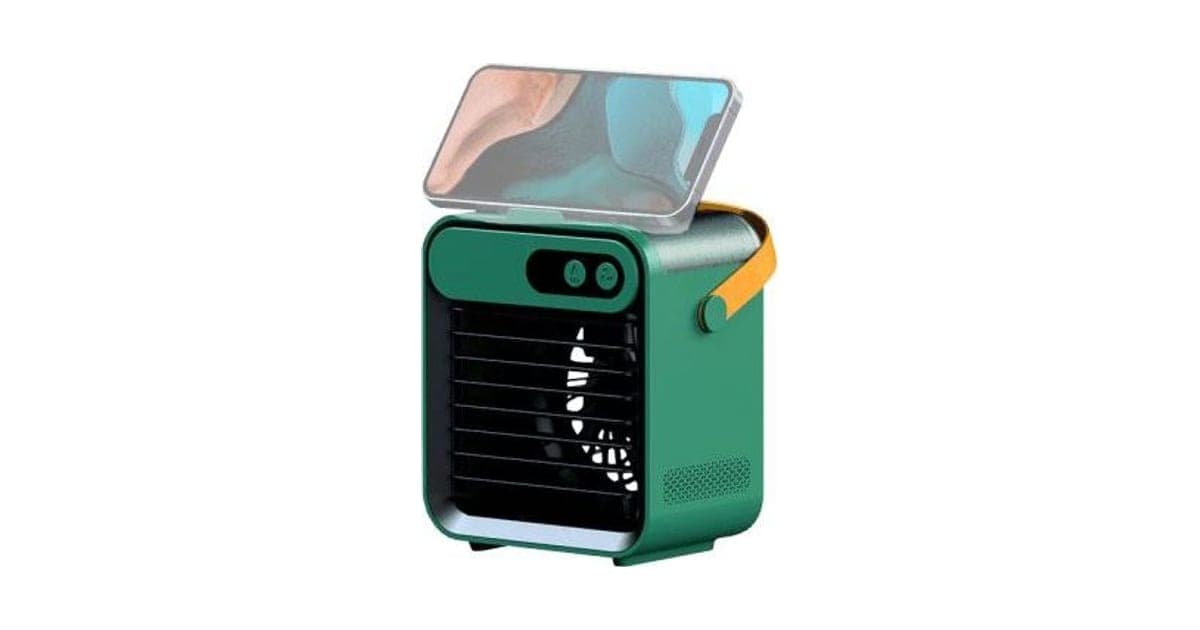 Green CoolEdge mini air cooler with a front grille, two buttons, an orange carry handle and a phone resting on a stand on top