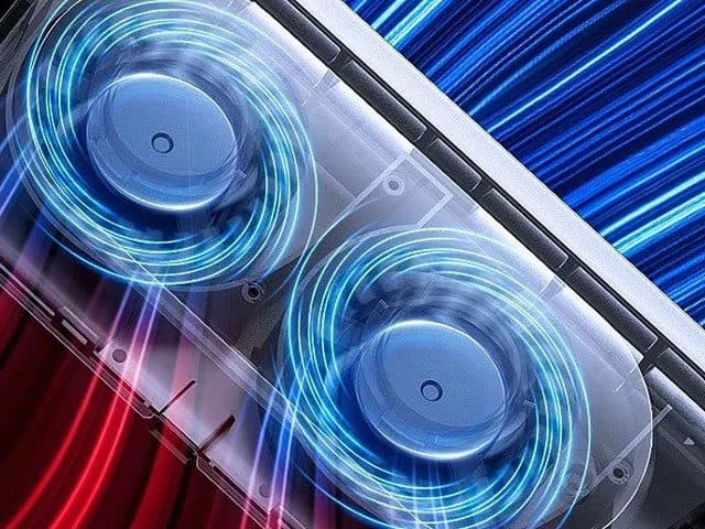 Cutaway graphic of two blue glowing fans inside a clear housing, with blue and red air streams