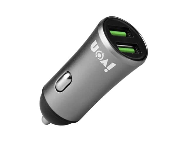 Grey metal dual-port USB car charger with green ports