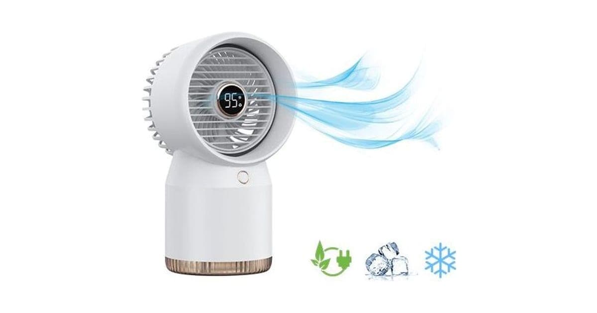 White CoolSpot round desk fan with a digital 95 display on its hub, ribbed rear vents and a translucent amber base, with blue air swirls and ice and leaf icons