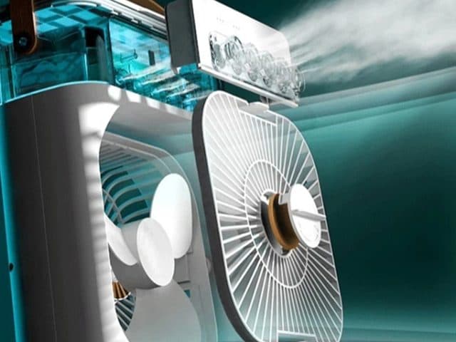 Cutaway render of the CoolTime showing the fan blades behind the grille and mist nozzles spraying above