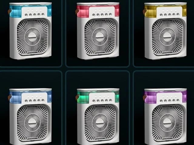 Six CoolTime fans in a grid, their top tanks lit in cyan, red, yellow, blue, green and purple