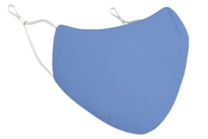 Light blue CoverSafe Pro contoured fabric face cover with white adjustable ear loops, seen from the side