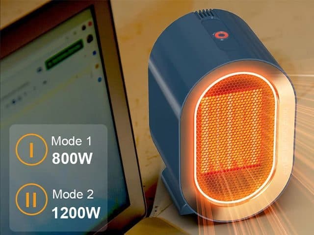 Dark blue CozyTime Pro heater glowing orange beside a computer monitor, labelled Mode 1 800W and Mode 2 1200W