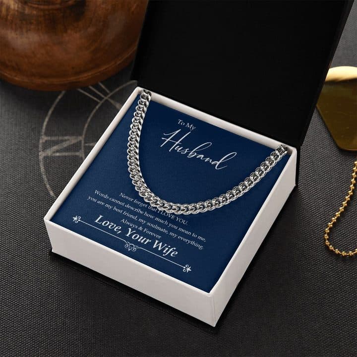 Cuban Link Chain on a navy To My Husband card reading Never forget that I love you, in a black box beside a wooden bowl and a gold ball chain