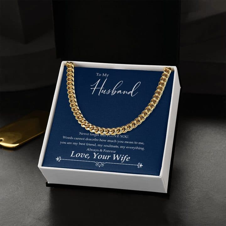 Gold-tone Cuban Link Chain on the navy To My Husband card in an open black and white box, with a gold dog tag beside it