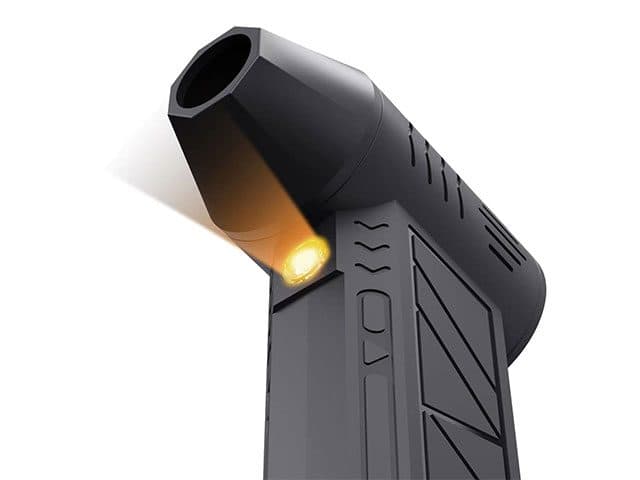 Close-up of the DusterX Pro head with a glowing amber LED light below the nozzle