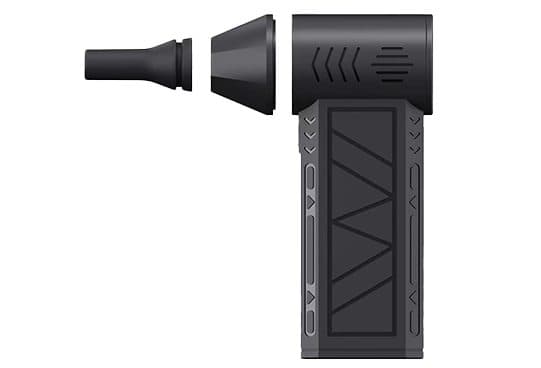 Side view of the black DusterX Pro blower with vented head, textured grip and two separate nozzles, one narrow and one cone-shaped
