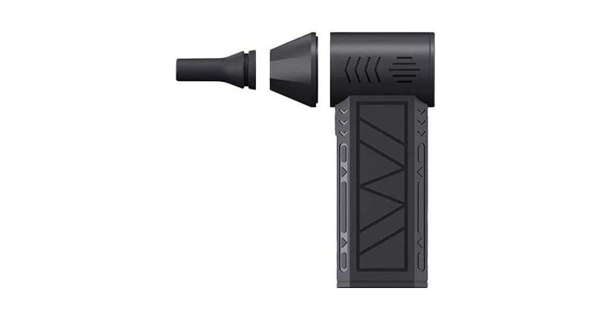 Black DusterX Pro pistol-grip air duster with a geometric textured handle, shown with its narrow and cone-shaped nozzles detached