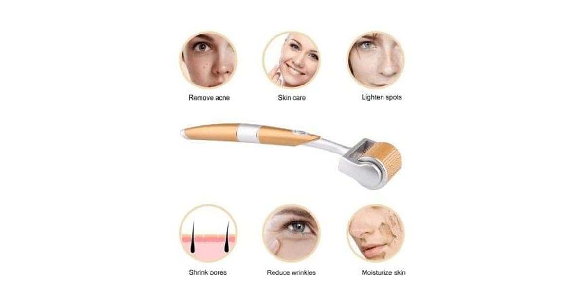 Gold and silver DXRoller derma roller surrounded by six circles claiming to remove acne, care for skin, lighten spots, shrink pores, reduce wrinkles and moisturise