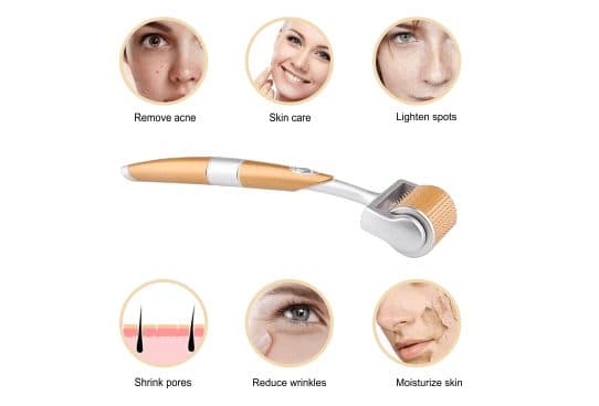 DXRoller with a gold handle and gold needle drum, ringed by photos labelled remove acne, skin care, lighten spots, shrink pores, reduce wrinkles and moisturize skin
