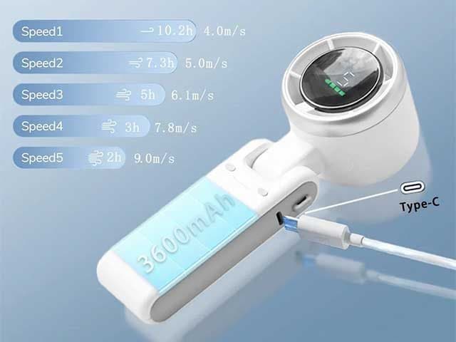 EasyBreeze Mini with a 3600mAh battery label, a USB-C cable and a chart of five speeds from 10.2 hours at 4.0 m/s to 2 hours at 9.0 m/s